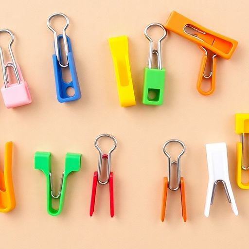 Colorful spring clips on a neutral background.