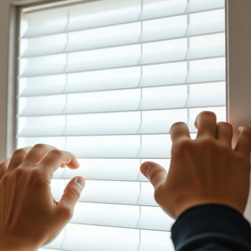Hands fixing magnetic blinds inside a door.