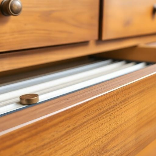 Close-up of modern drawer slides on an old dresser.