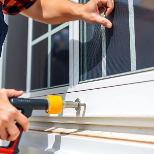 Worker rescreening a window in a bright setting.