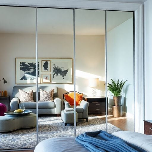 Stylish bedroom with mirror closet doors reflecting decor.