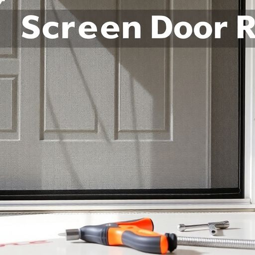 Person repairing a screen door with tools nearby.