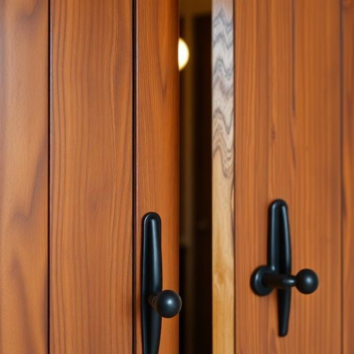 Crafted wooden swinging doors in a rustic setting.