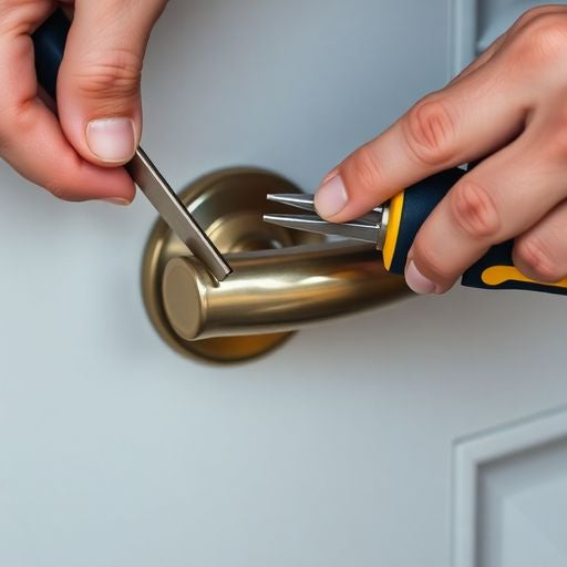 Hands replacing a door handle with tools.