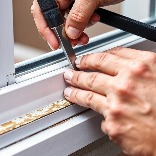 Technician repairing an aluminum window frame with tools.