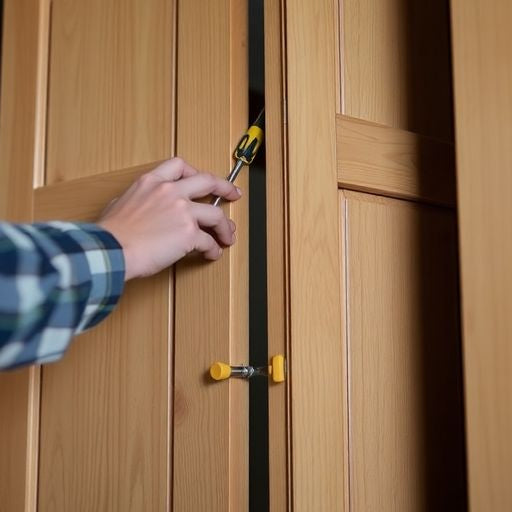 Handyman fixing bifold closet door on track.