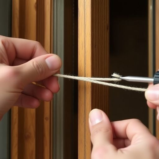 Hands restoring old window sash cords with tools.