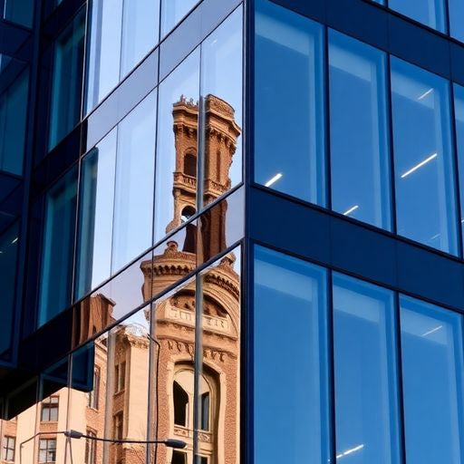 Modern building with Kawneer glass facades and aluminum frames.