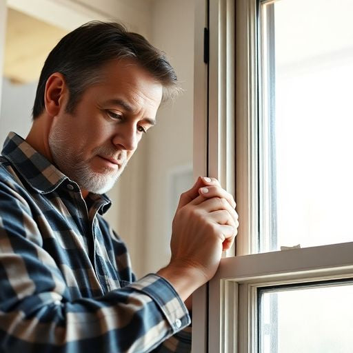 Homeowner removing Andersen window sash with tools.