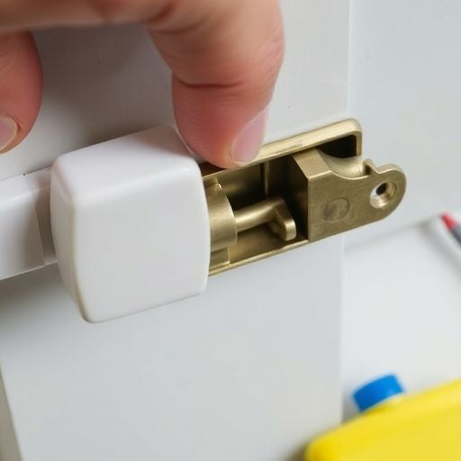 Hand fixing a stuck door latch with tools.