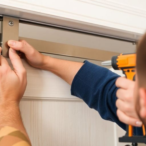 Person fixing a sliding closet door with tools.
