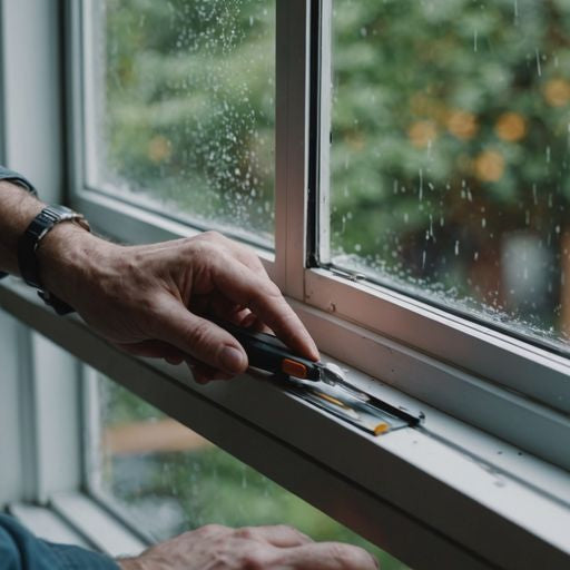 Applying weather stripping to window frame with tools.