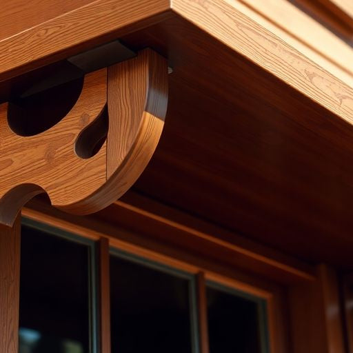 Wooden window awning with intricate joinery and rich finish.