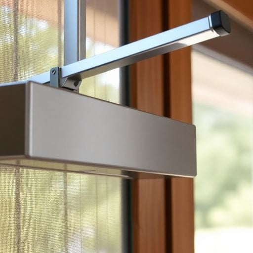 Close-up of a screen door closer installed on a door.