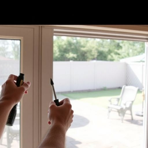 Person removing patio door with tools outdoors.