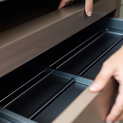 Hands removing a drawer with metal glides.