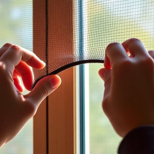 Hands removing a window screen from a frame.