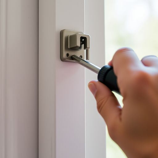Hands installing window latch on white frame