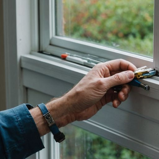 Person examining window seal with tools and materials.