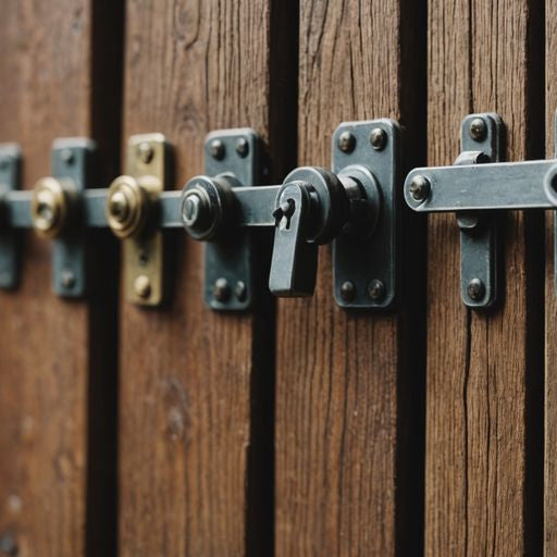 Different types of window latches on a wooden table.