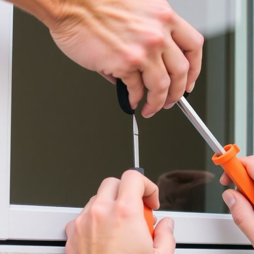 Person removing glass panel from a sliding window.
