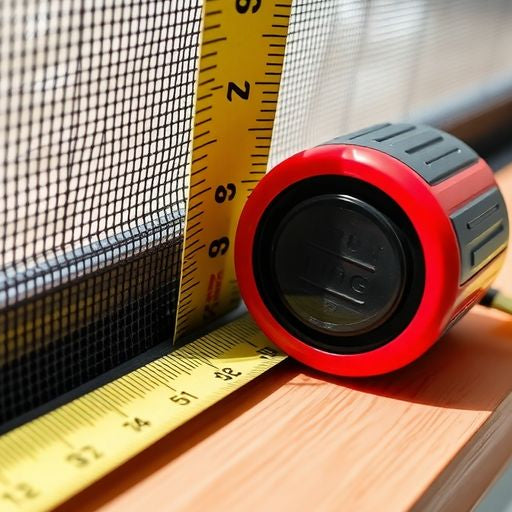 Measuring tape next to window screen for accurate sizing.