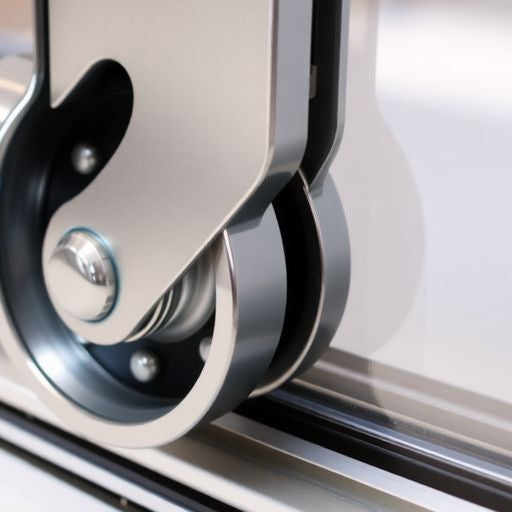 Close-up of sliding glass door wheels and track.