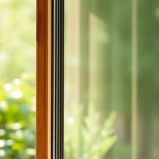 Photograph of a single hung window with greenery background.