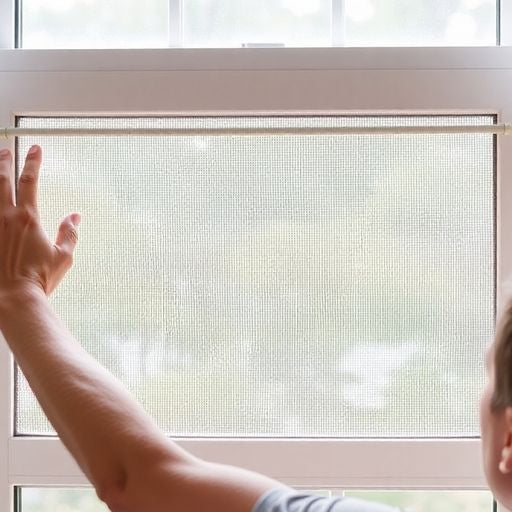 Person placing a screen into a window frame.