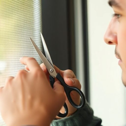 Person repairing a window screen with tools and mesh.