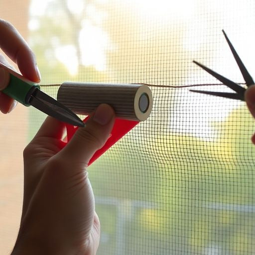 Hands repairing a window screen with tools.