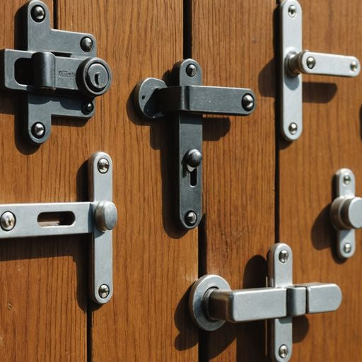 Various window latches on a wooden surface