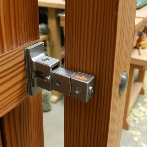 Wooden screen door with hinges in a workshop setting.