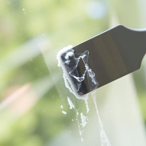 Hand scraping glazing from a window surface.