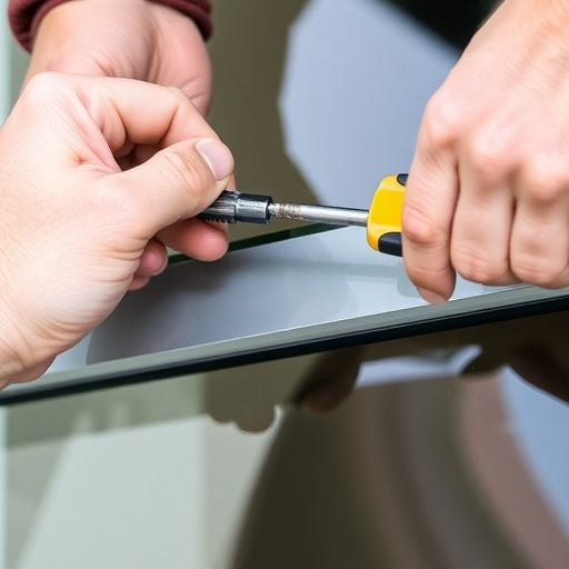 Person replacing window glass in metal frame.
