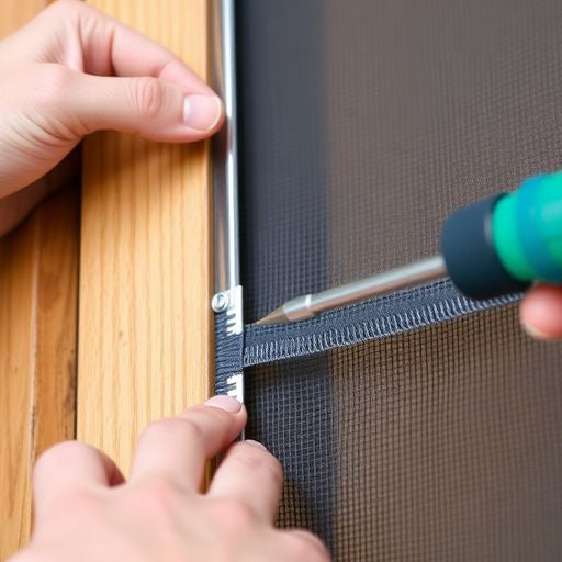 Person replacing screen in a wooden screen door.