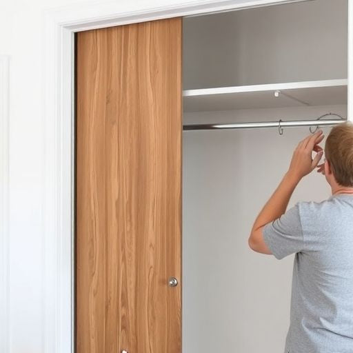 Person removing sliding closet doors with tools in hand.