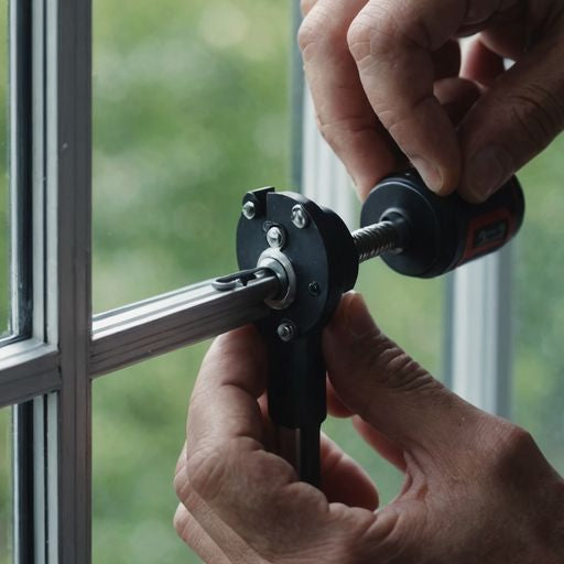 Close-up of hands installing a window latch with screwdriver.