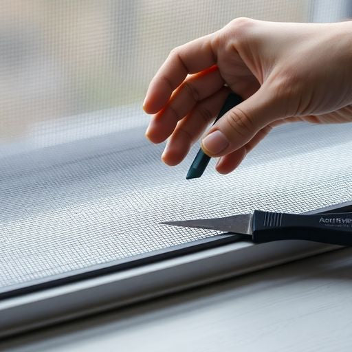 Person repairing a window screen with tools and mesh.
