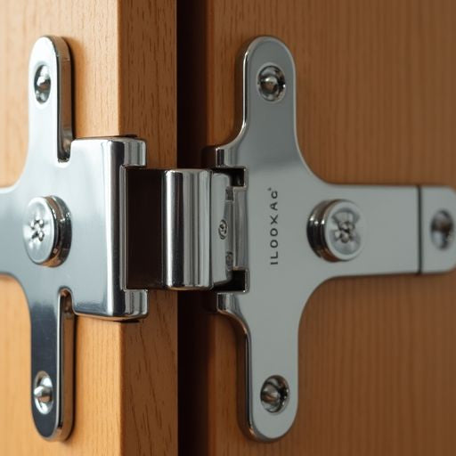 Close-up of pivot hinges on a wooden door.