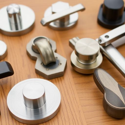 Collection of door handles on a wooden surface.