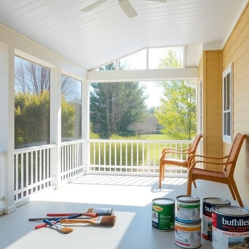 Freshly painted aluminum screened porch in bright sunlight.