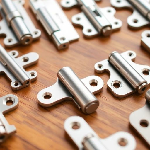 Various cabinet hinges on a wooden surface for selection.