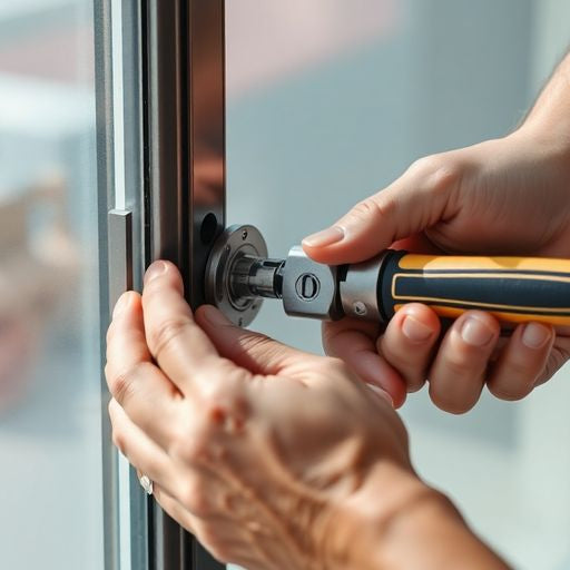 Person replacing lock on sliding glass door.