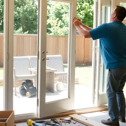 Person replacing a patio door in a sunny backyard.
