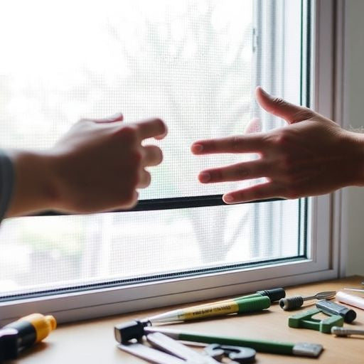 Person repairing a screen window with tools.