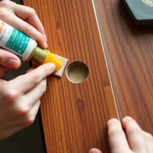 Person repairing a hole in a stained door.