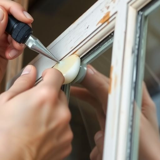 Hands reglazing an old wooden window frame.