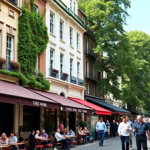 Vibrant Mayfair street with people and elegant buildings.