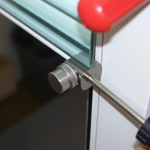 Close-up of sliding glass door lock replacement process.